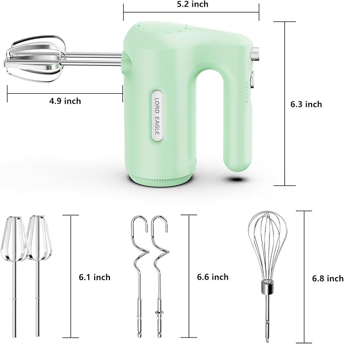 Lord Eagle 5-Speed Hand Mixer Electric, 300W Compact Handheld Mixer, Portable Kitchen Egg Beater with 5 Attachments & Storage Bag, Cake Supplies for Bread Dough Baking, Lightweight, Green