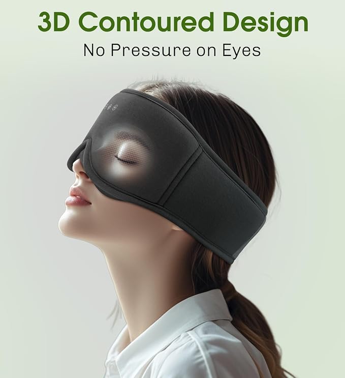 Bamboo Cotton Large Sleep Mask with Bluetooth Wireless Headphones - Blackout Eye Mask for Sleeping 3D Contoured Sleep Headband Ear Muffs Lengthen & Low Noise Hook for Better Experience (Black)