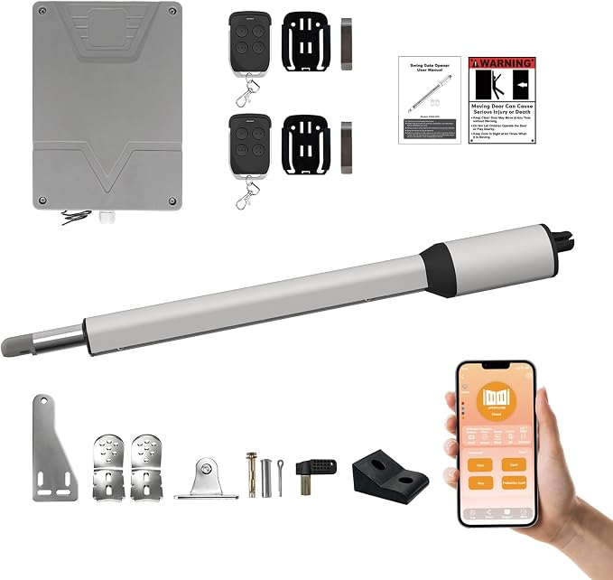C05 Automatic Smart Gate Opener Kit with APP for Medium Duty Single Swing Gate Up to 770lbs 16FT, 24V 60W AC Powered Motor Electric Driveway Gate Opener with 2 Long-Range Remotes Complete Kit