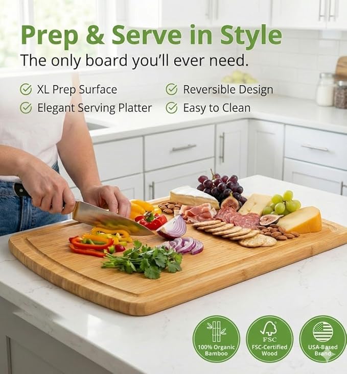 GREENER CHEF 18 Inch Extra Large Bamboo Cutting Board with Lifetime Replacements - Organic Wooden Butcher Block, XL Chopping Board for Kitchen, Meat, Vegetables, and Food Prep