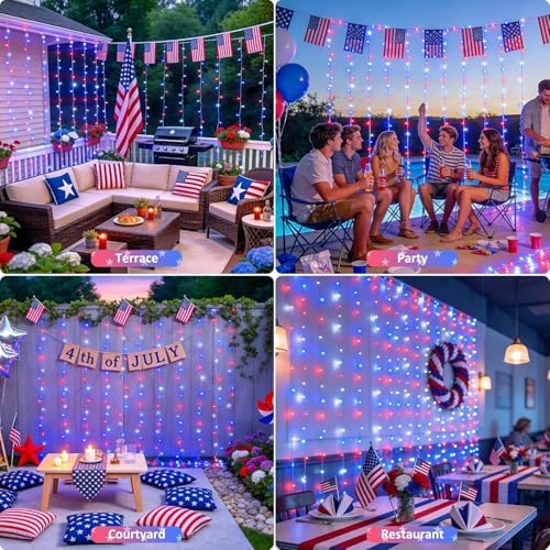 JMEXSUSS 300LED Red White & Blue Curtain Lights for 4th of July, 9.8x9.8ft