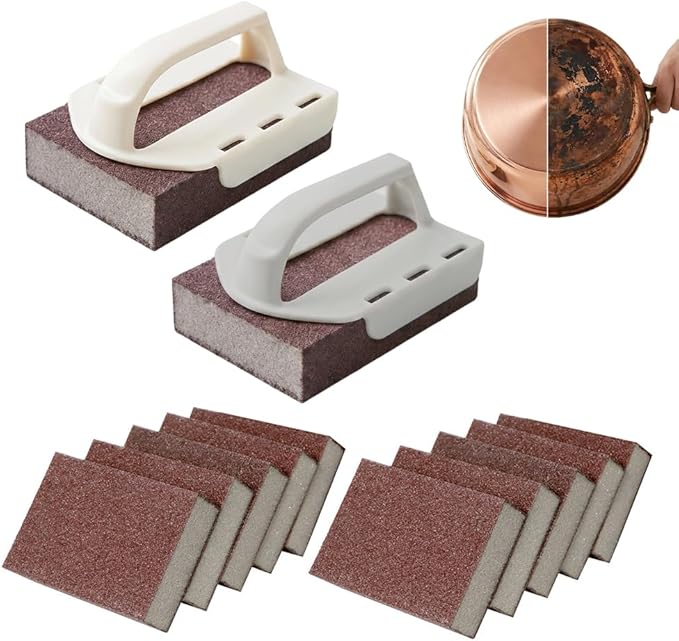 Magics Emery Cleaning Sponge, Pot Scrubber Carborundum Sponge with Handle, Cleaning Eraser Scrub Pads for Cleaning Pots and Pans, BBQ Grill Dish Brush Scouring Pads (Mix 12pcs)
