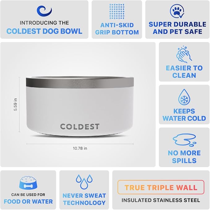 Coldest Dog Bowl - Anti Rust Metal, Non Slip, 3 Layers Insulated Stainless Steel Dog Bowls - Spill Proof & Heavy Duty - Water Bowl for Dogs, Cats & Pets, Dish Washer Safe (200 oz, Epic White)