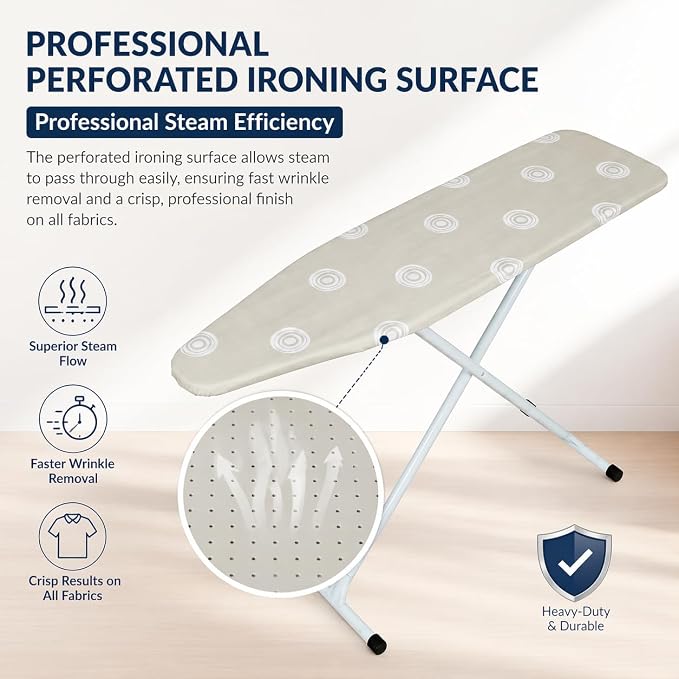 T-Leg Ironing Board with Perforated Top, Adjustable Height up to 35", Foldable Design for Compact Storage, Heavy Duty Steel Frame, Non-Slip Feet, 53" x 14" Full Size Beige