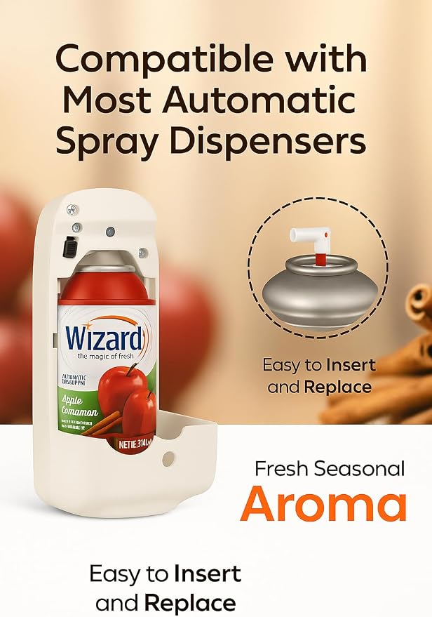 Wizard Automatic Spray Refill – Apple Cinnamon, 5 oz (12 Pack) | Compatible with Air Wick Freshmatic & Glade Dispensers | Long Lasting Odor Neutralizer for Home & Office