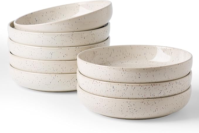 famiware Milkyway 33 oz Bowl Set, Pasta Bowls Set of 8, Salad Bowls, Double Reactive Glaze, Sturdy & Stackable, Ideal for Housewarming, Festivals, Creamy White with Speckles