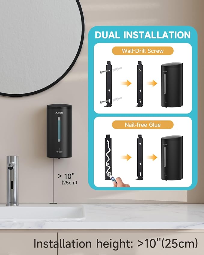 AIKE Automatic Liquid Soap Dispenser,25oz Capacity for Bathroom,Matteblack | No-Drill and Screw Wall Mount Install Design for Space-Saving,4*AA batteries(Not Included) Ensure Long Standby,Model AK1205E