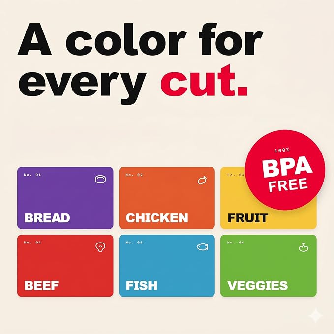 Bamboo Cutting Board Set with 6 Color Coded Flexible Mats Food Icons, BPA-Free Non Slip Easy Clean Cutting Boards for Kitchen with Holder, Dishwasher Safe, Meal Prep & Serving, Large | Cooler Kitchen