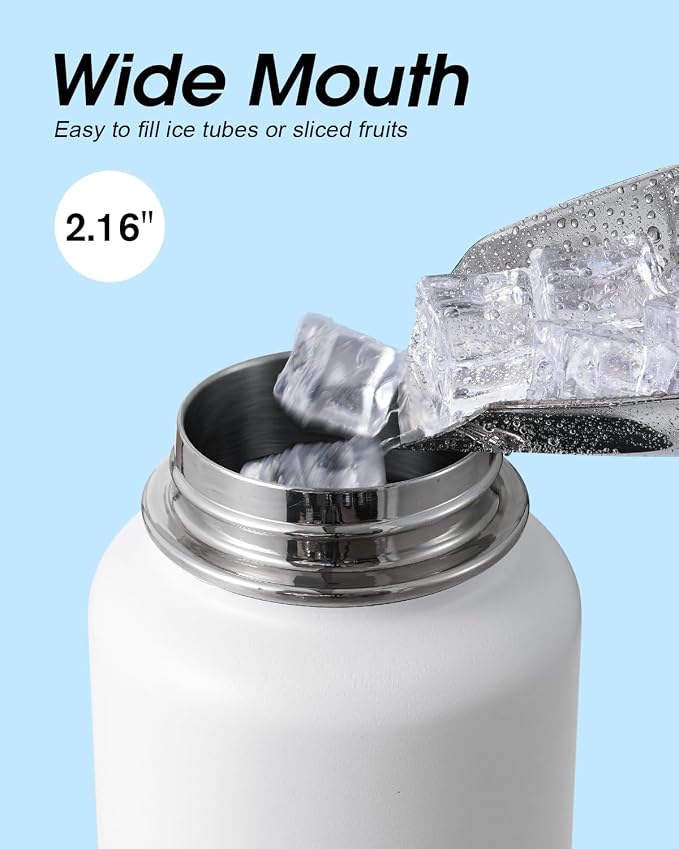 Coolflask Water Bottle 32 oz Insulated with Straw, Stainless Steel Metal 3 Lids Water Flask Wide Mouth for Sports or Office, Non-BPA Keep Cold Up to 48 Hrs or Hot Up to 24 Hrs, White & Black