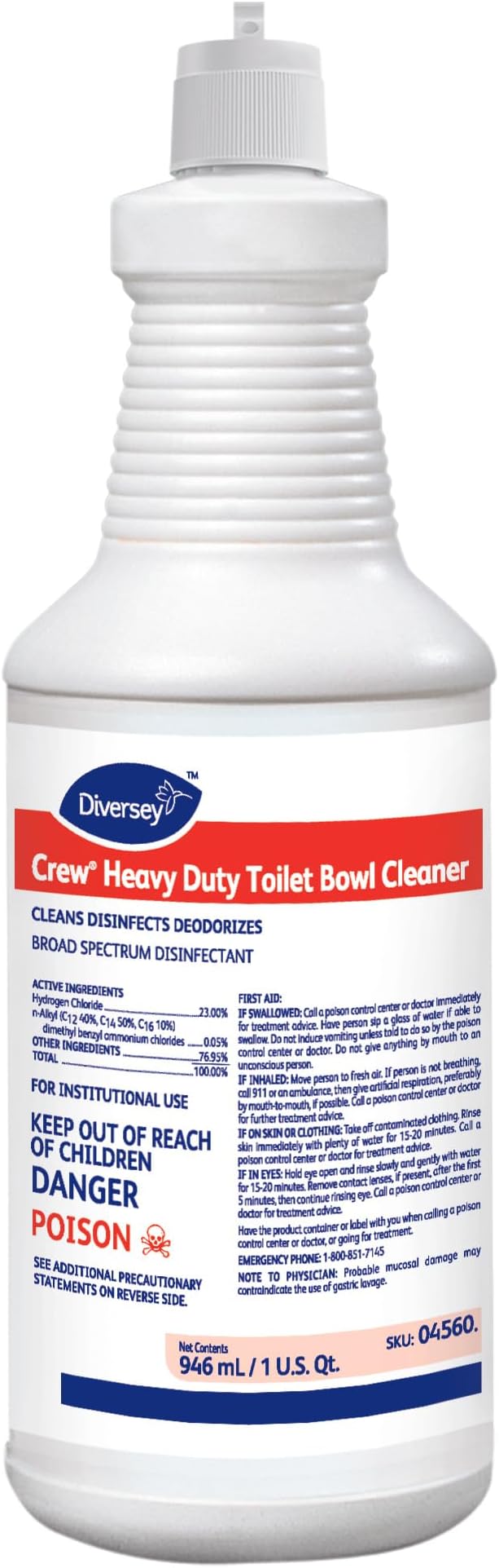 Diversey CREW 04560 Heavy Duty Toilet Bowl Cleaner & Disinfectant, 23% HCI removes Rust Stains, Lime Scale with Mint Scent, Ready-to-Use, 32-Ounce