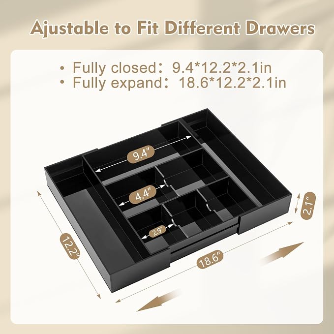 Briwooody 1 Pcs Acrylic Vanity Organizer 9'' up to 18'' x 12'' x 2.1'' Expandable Makeup Organizer Trays with 8 Adjustable Compartments Black Desk Accessories for Beauty, Kitchen, Office, Bathroom