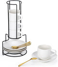 Lareina 8 Ounce Porcelain Cappuccino Cups Set of 4, Stackable Coffee Cups with Saucers, Spoons and Metal Stand -for Specialty Coffee Drinks, Cappuccino, Latte, Americano and Tea, White