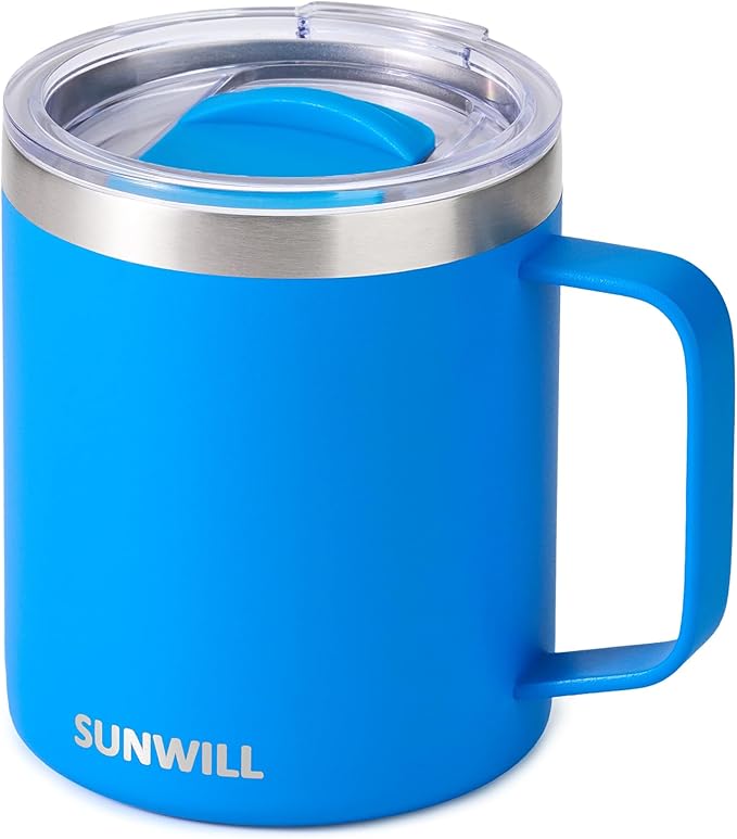 SUNWILL Insulated Coffee Mug, Stainless Steel 14 oz, Splash-Proof Lid | Keeps Drinks Hot & Cold, Powder-Coated Royal Blue Finish, Dishwasher Safe, Ideal for Home & Office