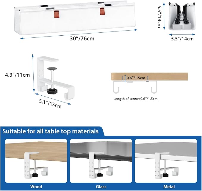 Zilink Under Desk Cable Management 30" No Drill Desk Cable Management Tray Clamp/Screw Mount Cable Tray Sturdy Waterproof Fabric Cord Organizer for Office, Home, White