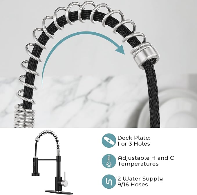 Kitchen Faucet with Pull Down Sprayer Black&Brush Nickel | 2-mode sprayer, 360° high arc spout, 304 SS build, drip-free valve, fingerprint-resistant, DIY install, NSF certified