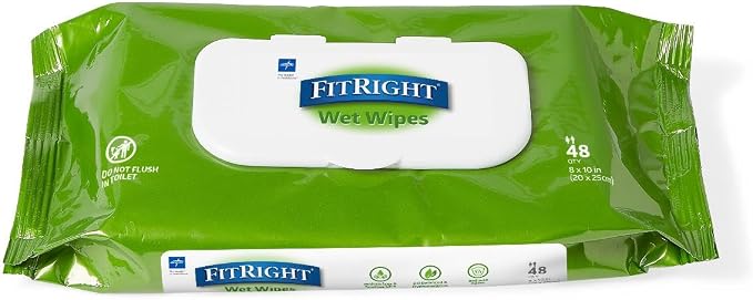 Medline FitRight Aloe Personal Cleansing Cloth Wipes, Scented, Pack of 48, 8 x 10 inch Adult Large Incontinence Wipes