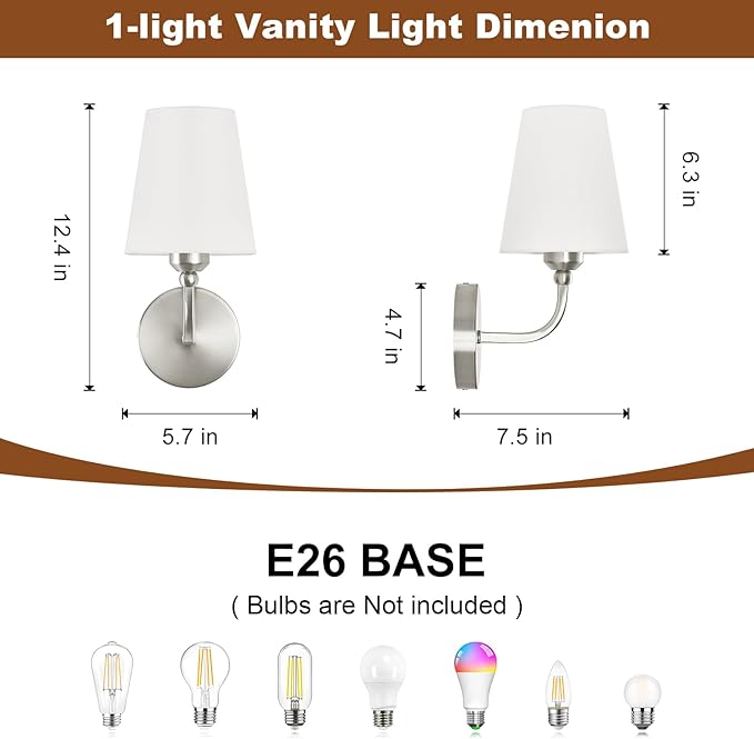 Modern Bathroom Vanity Light, Brushed Nickel Bathroom Light Fixtures, Set of 2 Lighting Fixtures Over Mirror, Modern Wall Sconce with Flared White Fabric Shade, E26 Socket(ETL Listed)