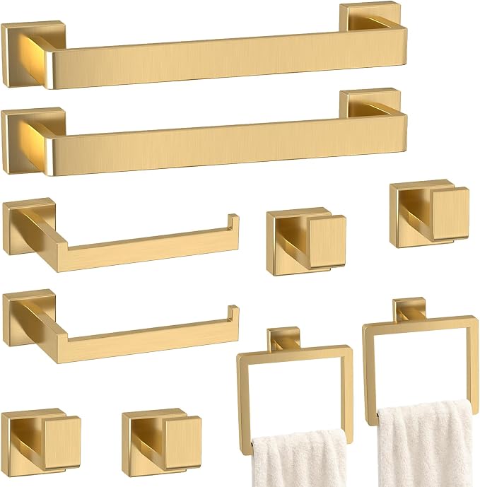 Bathroom Accessory Towel Bar Set: 10 Pieces Gold Bathroom Hardware Square SUS304 Stainless Steel - Wall Mounted Towel Rack&Toilet Paper Holder&Towel Ring and Towel Hook