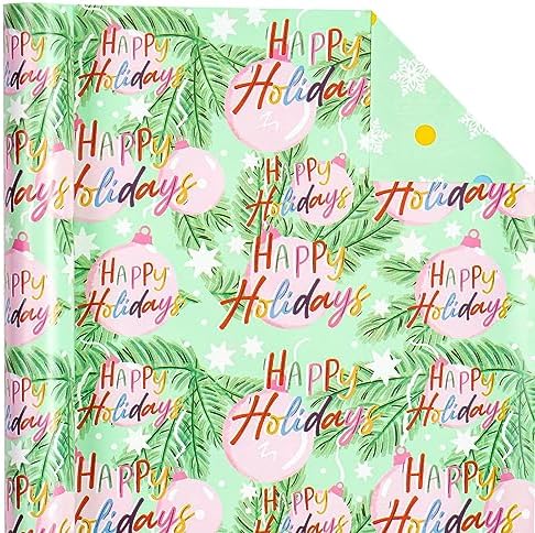 WRAPAHOLIC 30 Inch Reversible Christmas Wrapping Paper - 30 Inch x 33 Feet - Happy Holiday Lettering with Christmas Ball Design for Holiday, Party Celebration