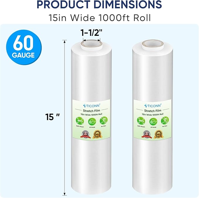 TICONN 1Pk Stretch Wrap Stretch Film Roll, 1000ft Industrial Strength 15 inch Wide Clear Plastic Wrap for Pallet Wrapping Shipping Moving (No Handles)