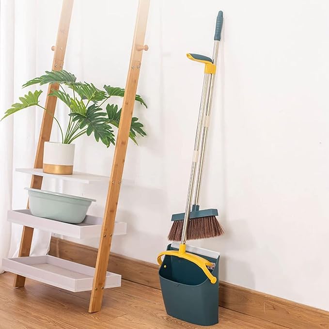 Broom and Dustpan Set - Upright Standing Dust Pan and Broom Combo for Easy Sweeping - Easy Assembly Great Use for Home Kitchen Room Office Lobby,Blue