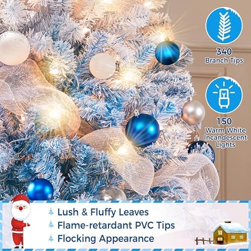 Yaheetech 4.5ft Prelit Flocked Christmas Tree, Blue & White, 100 Lights