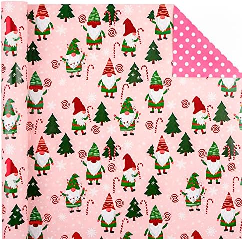 WRAPAHOLIC Reversible Gnome Christmas Wrapping Paper - Mini Roll - 17 Inch x 33 Feet - RRed Green Gnome Wrapping Paper and Pink White Polka Dots for Christmas, Holiday, Party