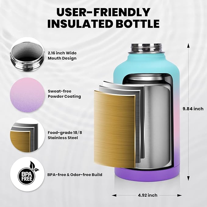 RAYMYLO Insulated Water Bottle 64 oz, Triple Wall Vacuum Stainless Steel (Cold for 48 Hrs), Leak Proof & Non-BPA, Half Gallon Water Flask Jug with Paracord Handle & Straw Spout Lids, Hydrangea