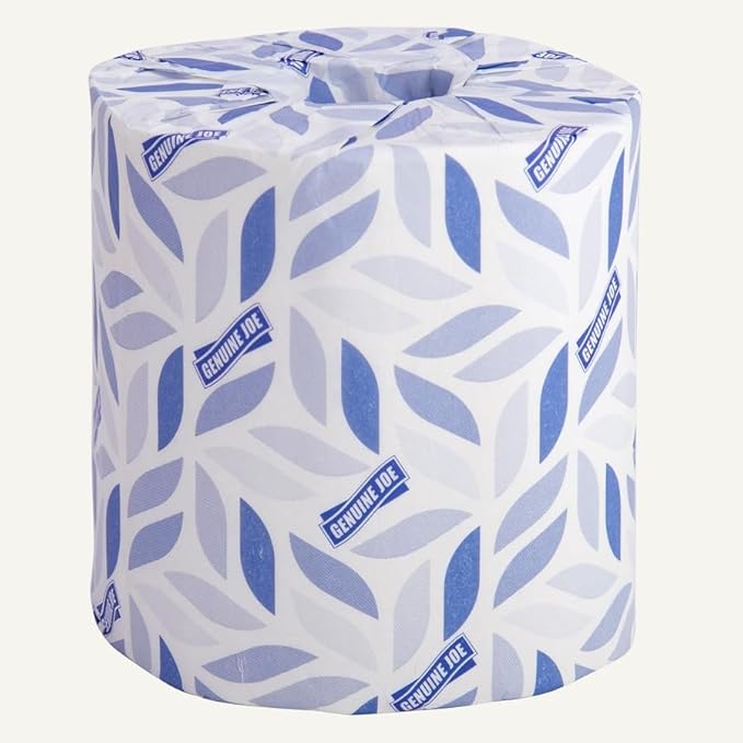 Genuine Joe Embossed Bath Tissue, 2-Ply, Septic Safe, Individually Wrapped, 4.5" x 3.75", 500 Sheets/Roll, 96 Count
