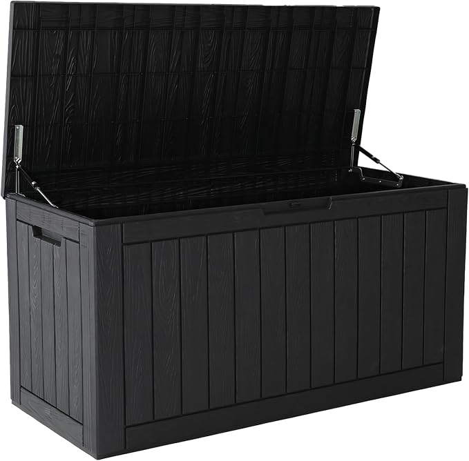 97 Gallon Waterproof Large Resin Deck Box, Lockable Large Outdoor Storage Box Indoor Outdoor Storage Container for Patio Cushions, Gardening Tools, Pool Supplies, Black