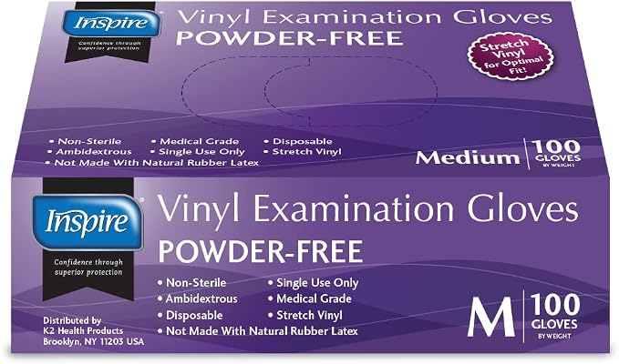 Inspire Exam Grade Powder & Latex Free Stretch Vinyl Gloves, Medium, 100 Count, White