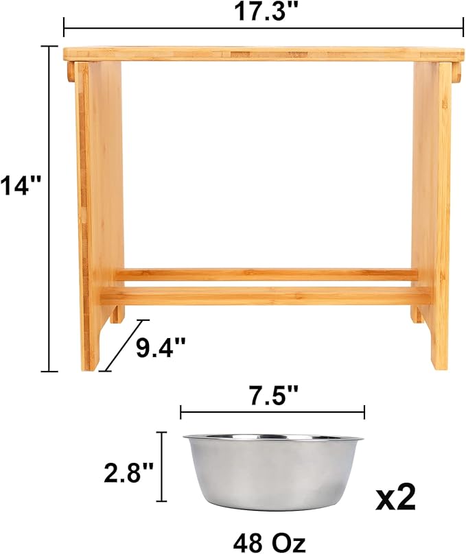 HTB Elevated Dog Bowl Stand with 2 Stainless Steel Bowls-14 H XLarge Bamboo | Raised Dog Bowl Stand, 14"tall, 48 Oz Bowls, for Large Sized Dogs, Pet-safe, Solid Bamboo