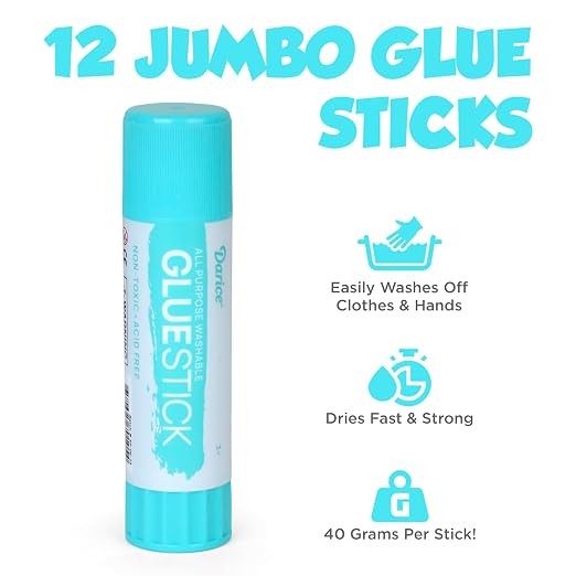 Darice Jumbo Glue Sticks, 1.4 Oz (40g) – All-Purpose Washable School Glue for Crafts, Paper, & Fabric – Clear Drying, Acid-Free & Non-Toxic – Bulk Classroom Supply (12 Pack)