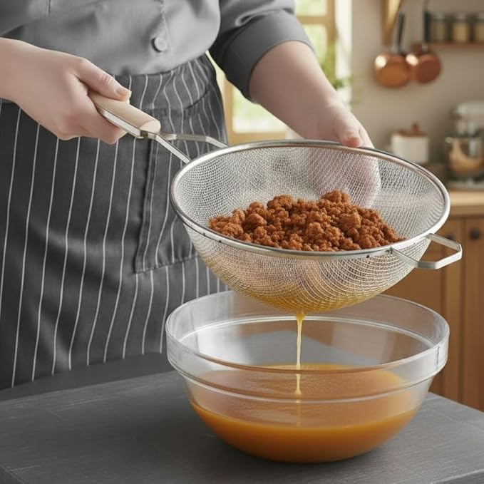 Soro Essentials- 10.25" Double Tinned Coarse Mesh Strainer with Pan Hook Wooden Handle- Food Sieve Strainer Kitchen Mesh Strainer Utensil for Cooking Rice Quinoa Pasta Fruits Vegetable Home Kitchen