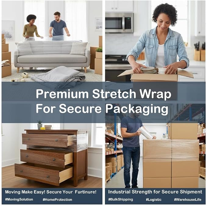 PackageZoom 20 inch x 1000 Feet Stretch Wrap With Handle, Clear Stretch Film, 4 Rolls