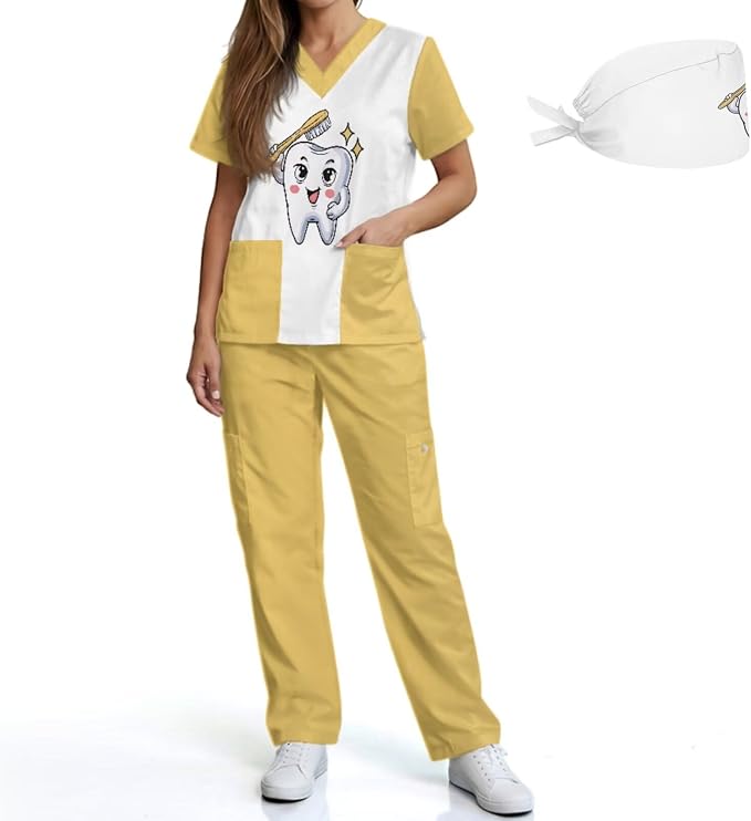 Gomyblomy Women's Scrubs Suit 3-Piece Set | Teeth Print V-Neck Top & Pants & Cap, Breathable and Stretch Fabric, S-5XL