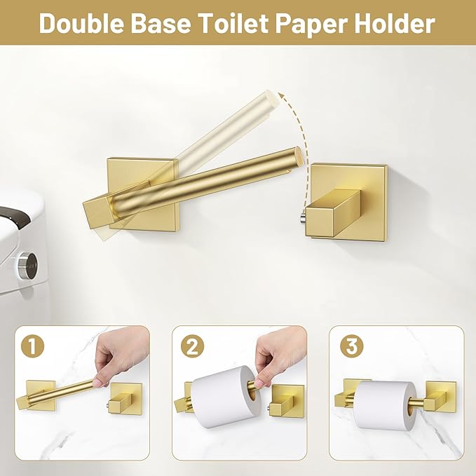 Towel Ring Set 4 Piece Bathroom Hardware Set Includes Towel Ring 2 Towel Hooks and Toilet Paper Holder Stainless Steel Wall Mounted (Brushed Gold)
