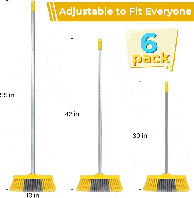 6 Pack Soft Bristle Indoor Brooms with 55" Long Handle, Heavy Duty Sweeping Broom for Hardwood Floors, Tile, Kitchen, Lobby, Office, Garage & Indoor Floor Cleaning