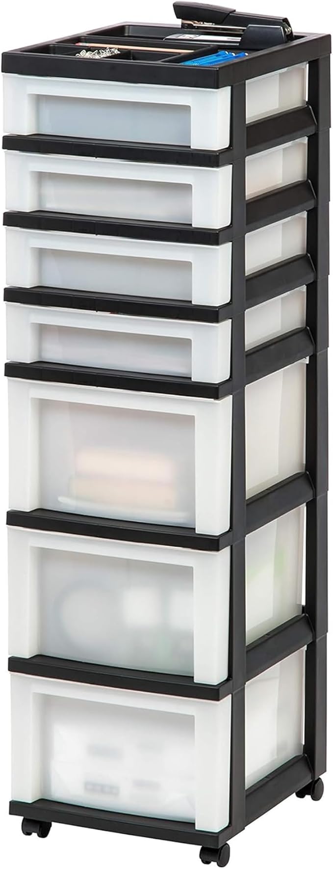 IRIS USA 2 Pack 7-Drawer Plastic Storage Rolling Organizer Cart with Caster Wheels for Laundry Room, Bathroom, or Closet Dresser Storage, Black/Clear