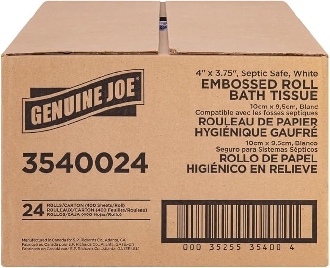 Genuine Joe Embossed Bath Tissue, 2-Ply, Septic Safe, Individually Wrapped, 4" x 3.75", 400 Sheets/Roll, 24 Count