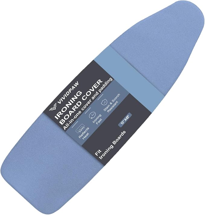 VividPaw Ironing Board Cover and Pad, Small Size 13x43, 12x42, Thick Padding, Elastic Edge, Silicone Coated, Adjustable Fastener, Heavy Duty Padded Iron Board Covers (Blue, 13" x 43")