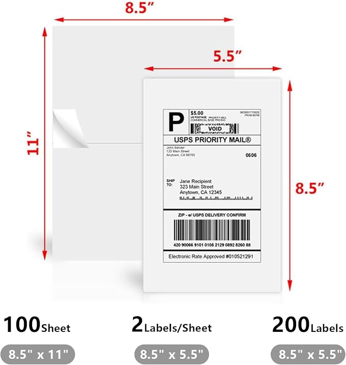9527 Product 8.5" x 5.5" Half Sheet Self Adhesive Shipping Labels for Laser & Inkjet Printers, Easy to Peel Label, 100 Sheet 8.5 x 11 Address Labels, 2 Labels per Sheet (200 Labels)