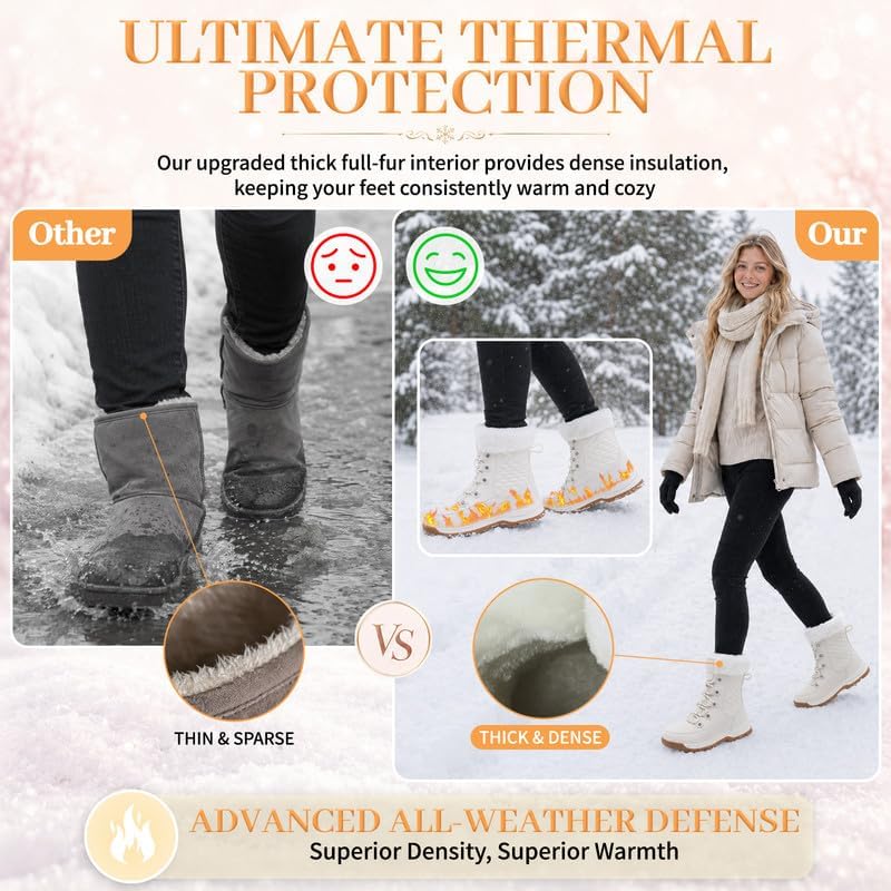 Womens Winter Snow Boots Mid-Calf Booties Warm Fur Lined Cold Weather Shoes