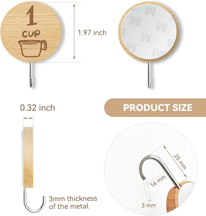 Measuring Cup and Spoon Organizer, 24 Pack Adhesive Wood Hooks for Hanging with 12 Kitchen Conversion Chart Stickers, Kitchen Hooks for Space Saving Storage