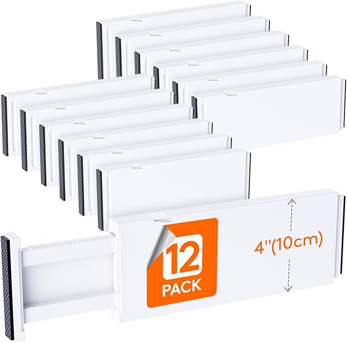 Lifewit 12 Pack Upgrade Drawer Dividers for Clothes, 4" High 11-17" Adjustable Dresser Drawer Organizers, Expandable White Plastic Drawer Separators for Kitchen, Nursery, Office Organization & Storage