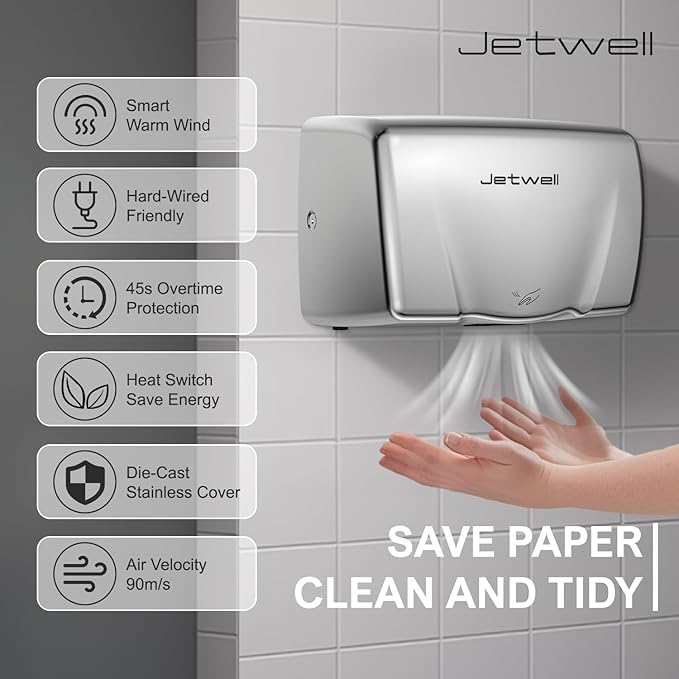 JETWELL Compact Hand Dryer for Bathrooms Commercial- Stainless Steel High Speed Hand Dryer with Heating Switch- AC110V-130V Warm Wind Hand Blower