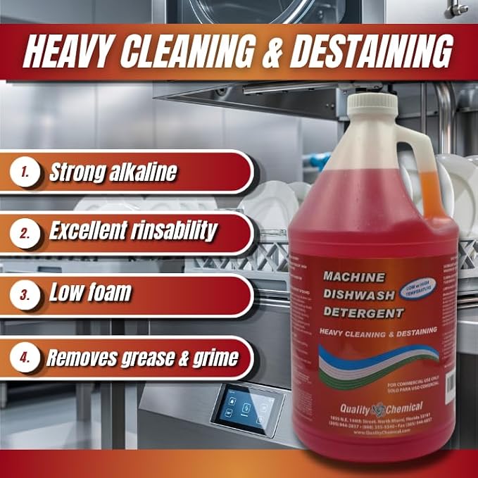 Quality Chemical Heavy Duty Liquid Alkaline Commercial Dishwasher Detergent - Industrial-Grade Formula Dissolves Food Stains, Grease, Grime and Residue - No Pre-Rinse Needed - Ready-to-Use 128oz