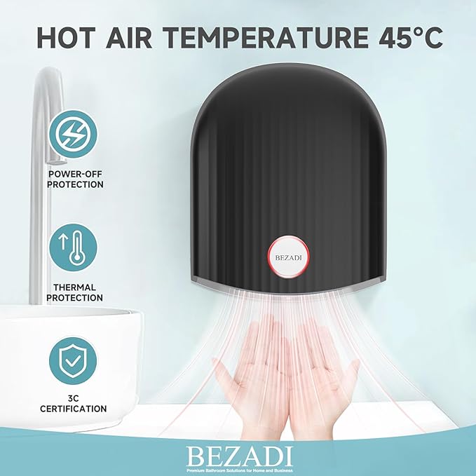 1200W Commercial Hand Dryer, High-Speed Hot & Cold Wind, Wall Mounted, Automatic Hand Dryer for Home, Bathroom, Industry - 110V, Black, ABS Material