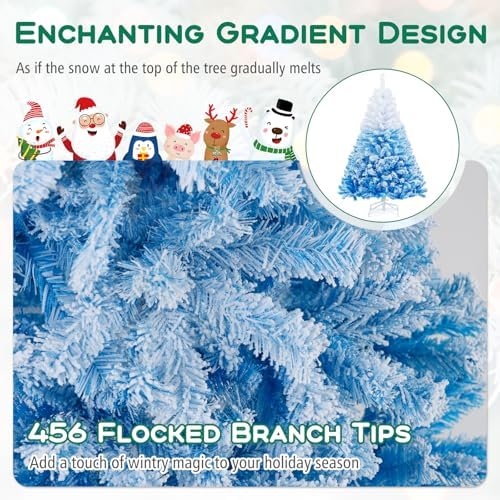 HAPPYGRILL 5 FT Flocked Christmas Tree Blue Hinged Xmas Tree with 456 Branch Tips & Folding Metal Stand, Artificial Christmas Tree for Home Office Carnival