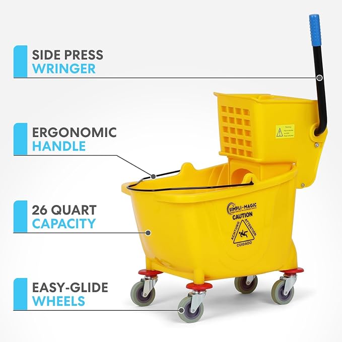 Simpli-Magic Commercial Mop Bucket with Side Press Wringer, 26 Quart – 50,000 Cycles Wringer – Industrial Mop Bucket with Wheels, Yellow